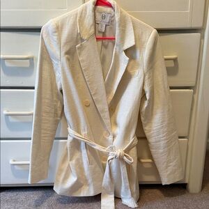 House of Harlow Women's Cream Linen Double-Breasted Belted Blazer Jacket